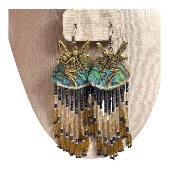 Fairy Abalone & Beaded Dangle Earrings Chandelier Gold Accents 5" Hook Fantasy - Picture 3 of 10